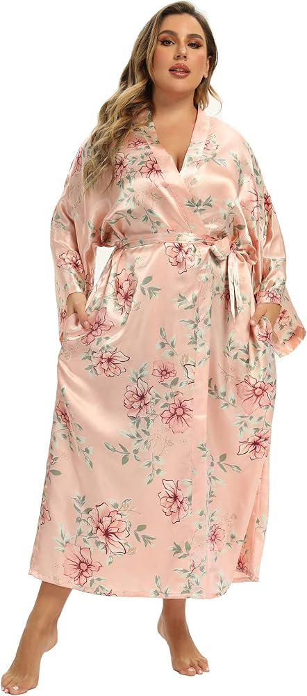 Women's Floral Long Satin Robes Plus Size Long Silk Robes Peacock Floral Kimonos Sleepwear Dressing Gown