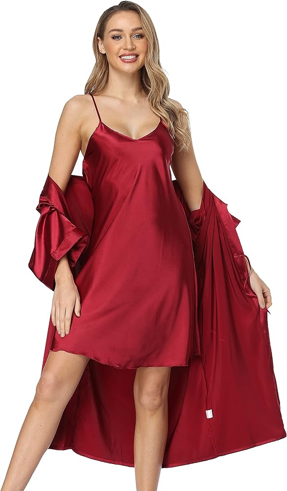 Women's Satin Robes Set with Nightgown Silk Kimono Pajamas Set 2 Piece Sexy Sleepwear Camisole Wedding Bride Gown Set