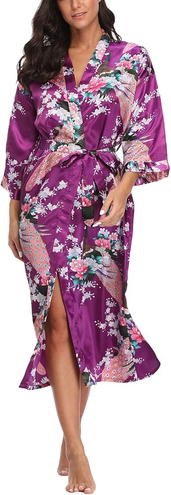 Women's Floral Kimono Robe Silky Wedding Bride Bridesmaids Soft Sleepwear