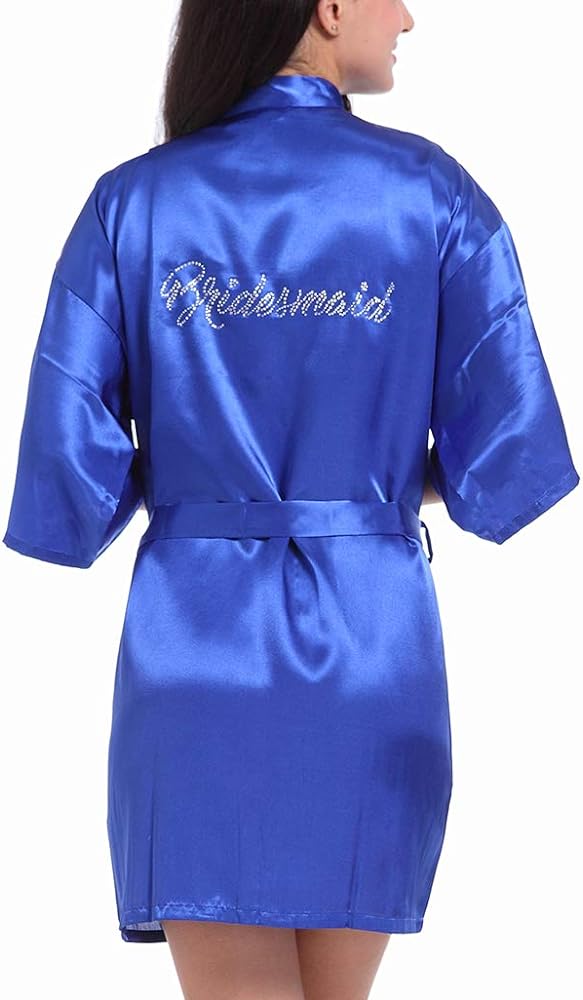 Women's Satin Kimono Short Robe for Bridesmaid Wedding Party Getting Ready Robes with Rhinestones Dressing Gown