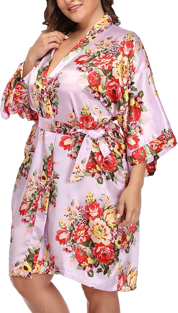 Women's Plus Size Satin Robes Kimono Floral Robe Bride Bridesmaid Wedding Party Nightgown Sleepwear