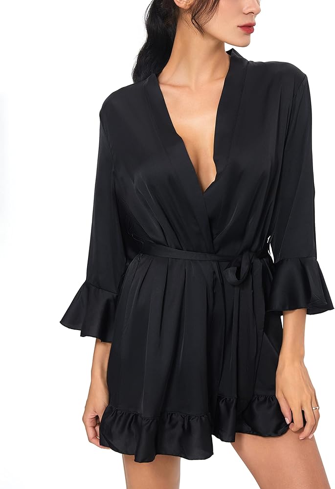 Women's Silk Robe Short Satin Kimono Robe Ruffle Hem Pure Short Sexy V Neck Sleepwear