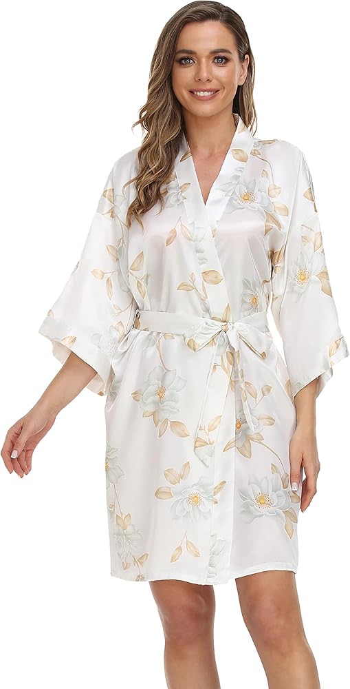 Women's Floral Satin Robe Bridal Party Bride Bridesmaid Robes for Women Short Kimono Robe Dressing Gown Loungewear