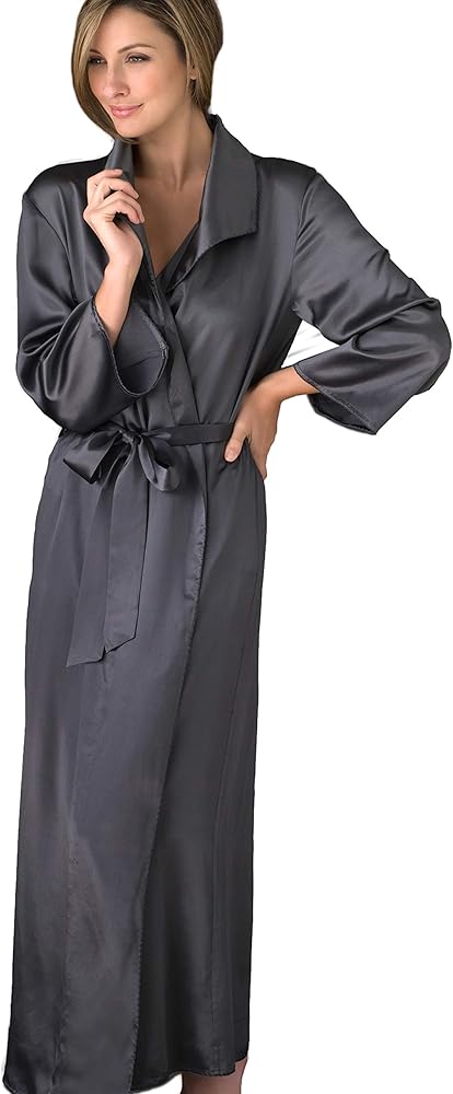 Women's Silk Robe, 54" Full Length, Lace Trim, Relaxed Fit, Evening Stroll Collection, Lingerie