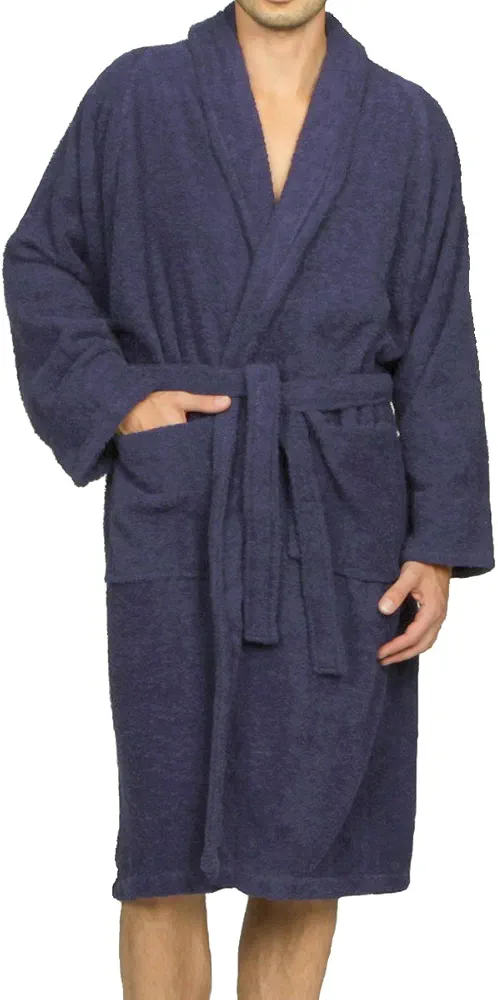 Superior Combed Cotton Unisex Large Terry Bath Robe, Navy Blue