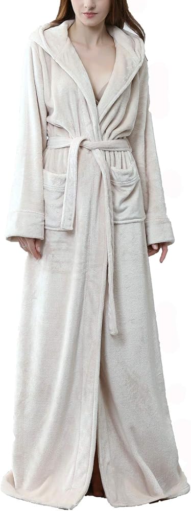 Flygo Women's Long Robe with Hood Soft Warm Full Length Sleepwear Luxurious Plush Fleece Winter Ladies Robes (Medium, Beige)