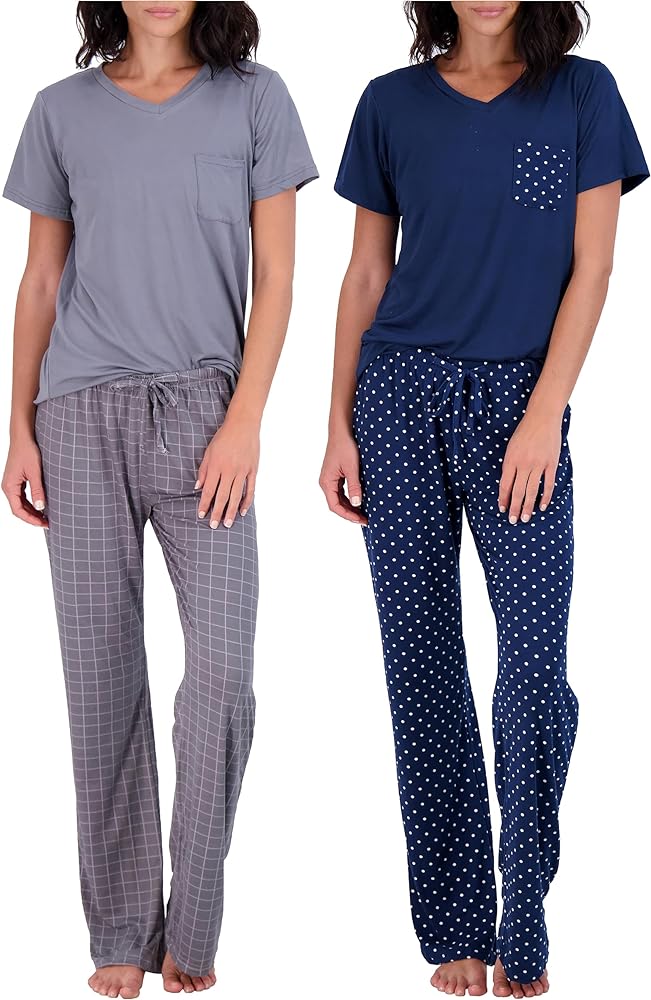 Real Essentials 2 Pack: Women's Pajama Set - Choose from Short Sleeve with Pocket or Long Sleeve without Pocket