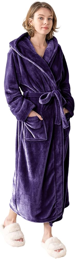 Women's Hooded Long Bathrobe, Silky Soft Lightweight Plush Fleece Robe Warm and Comfy to Wear