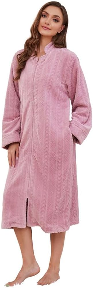 Women Plush Zipper Robe, Long Fleece House Coat Nightgown with Pockets Solid Bathrobe