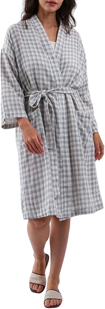 Amazhiyu Women's Cotton Gauze Lightweight Summer Plaid Kimono Bath Robe Pockets