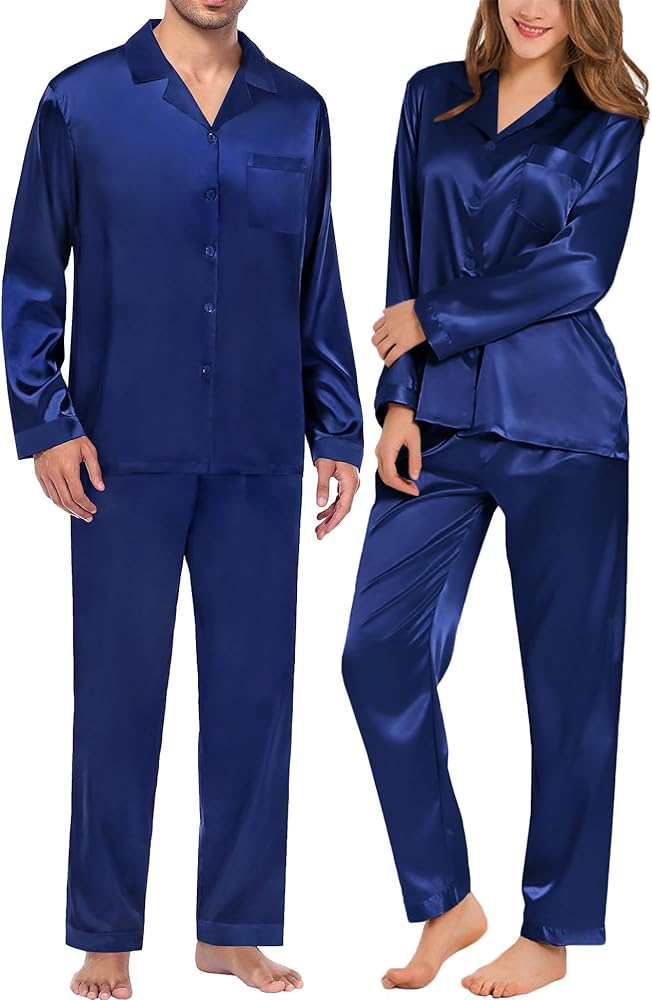 SWOMOG Couples Pajamas Womens &Mens Matching Pajamas Set Silk Satin Pj Set Long Sleeve Button Down Sleepwear 2 Pcs Loungewear