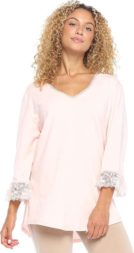 Lux Cotton Long Sleeve Nightshirt for Women, Loose Fit, Lightweight Nightdress with Lace for Ladies