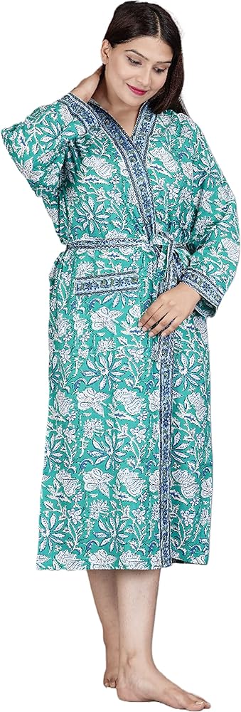 INDACORIFY 100% Cotton Hand Block Printed Greenish Floral Bath Robe Summer Hotel Kimono Floral Spa Beach Coverup Boho Hippie Swim Wear