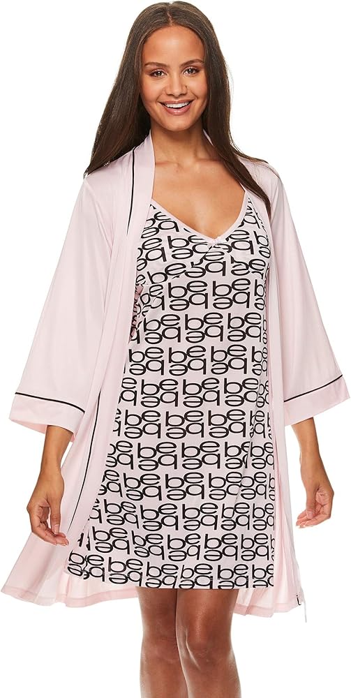 bebe Womens Pajama Lounge Chemise Nightgown & Belted Wrap Robe Sleep Travel Set