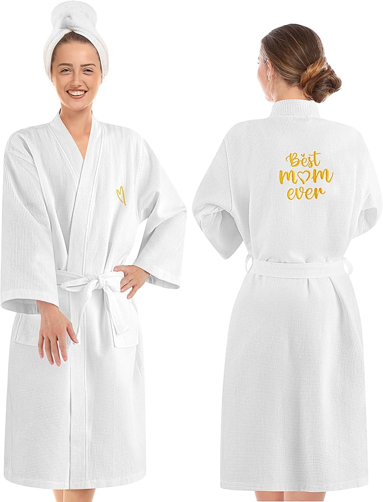 Mom Waffle Knit Bath Robe Lightweight Long Women's Robe with Gold Embroidery Mother Kimono Spa Bath Soft Bathrobe for Women Loungewear Mothers Day Birthday Gifts