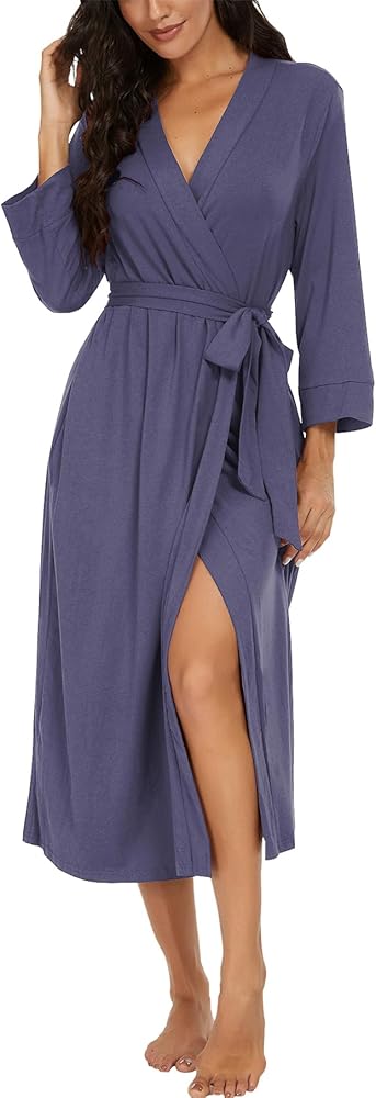 VINTATRE Women Kimono Robes Long Knit Bathrobe Lightweight Soft Knit Sleepwear V-neck Casual Ladies Loungewear