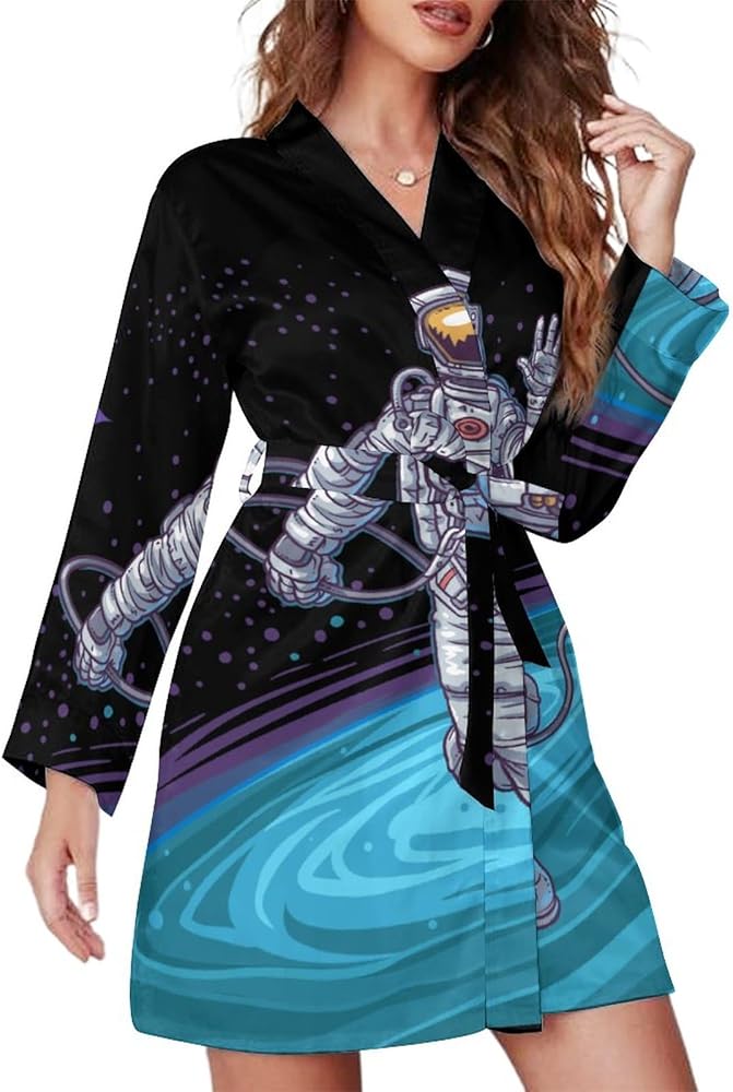 Astronaut Painted Universe Women's Bathrobe Long Sleeve Short Robe Lounge Pajama Loungewear