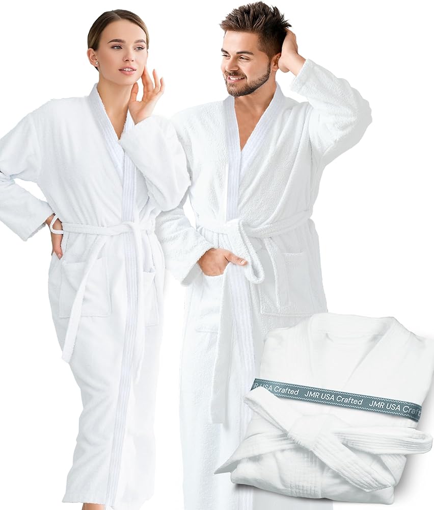 Jmr Luxury White Plus Size Cotton Terry Bathrobe For Men & Women Shawl/Kimono Collar Unisex After-Shower Robe With Pockets