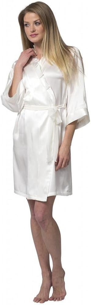 Women's Short White Silk Robe with Ruffled Collar-Silk Charmeuse