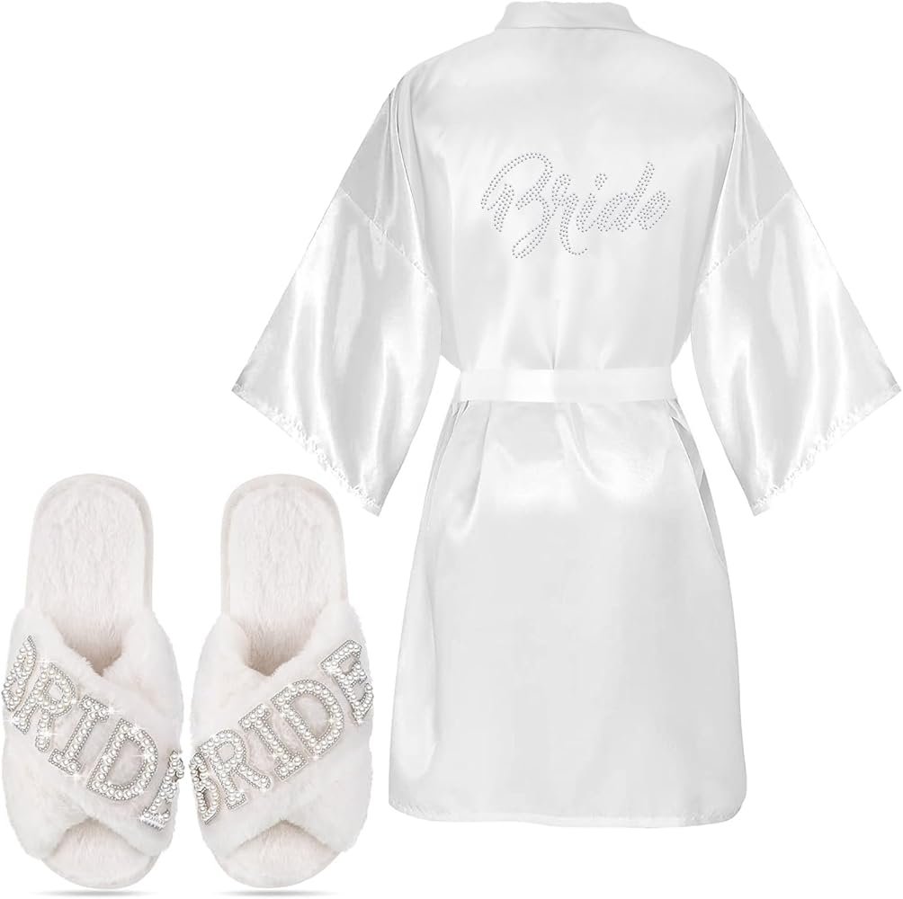 2 Pcs Bridal Wedding Gifts Satin Bride Robe with Slippers Rhinestone Wedding Robe Slippers for Women Proposal Party