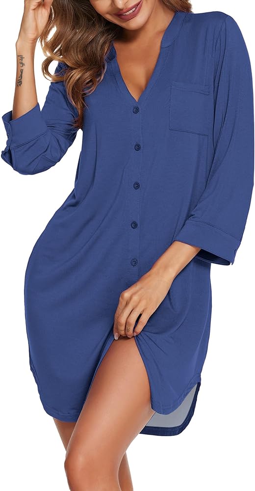 Ekouaer Women's Nightgown V Neck Striped Button Down Sleepwear 3/4 Sleeves Nightshirts Soft Button Sleep Dress S-XXL