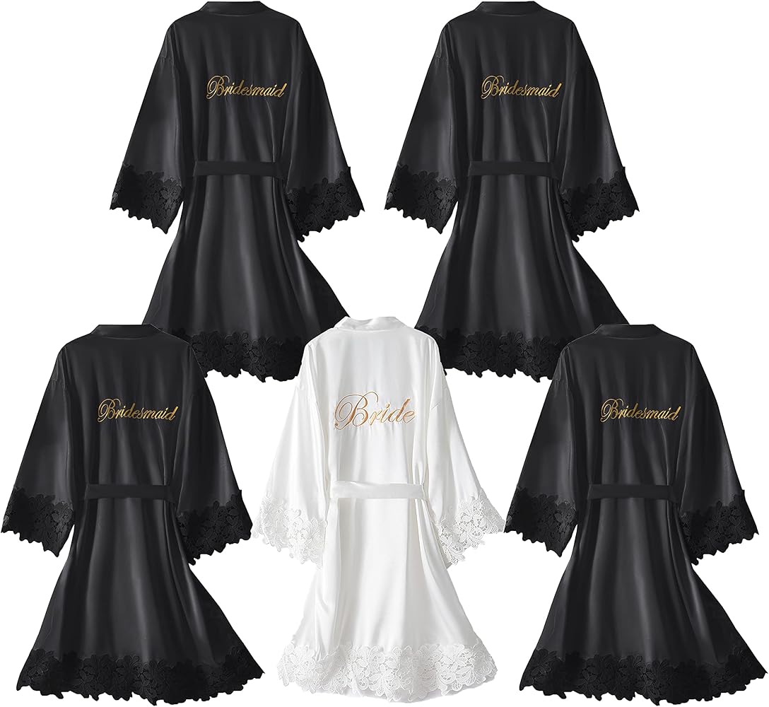 5 Pcs Bridesmaid Kimono Robe sets Bride Silky Wedding Day Bathrobe with Lace Trim Embroidered Getting Ready