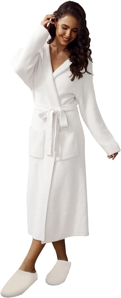 MH MYLUNE HOME Ultra Soft Robe with Pockets, Soft Spa Bathrobe Loungewear Calf-Length, Plush Robe for Women Fuzzy, Wrap Robe