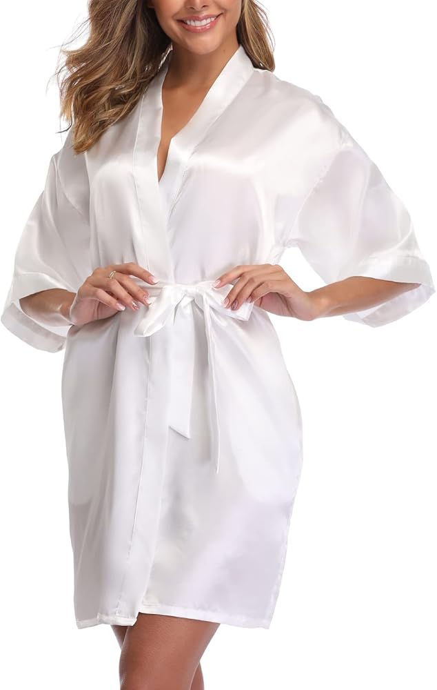 Glox Women's Solid Short Bathrobes Lightweight Satin Kimonos Robes Silky Sleepwear Bridal Getting Ready Lingerie