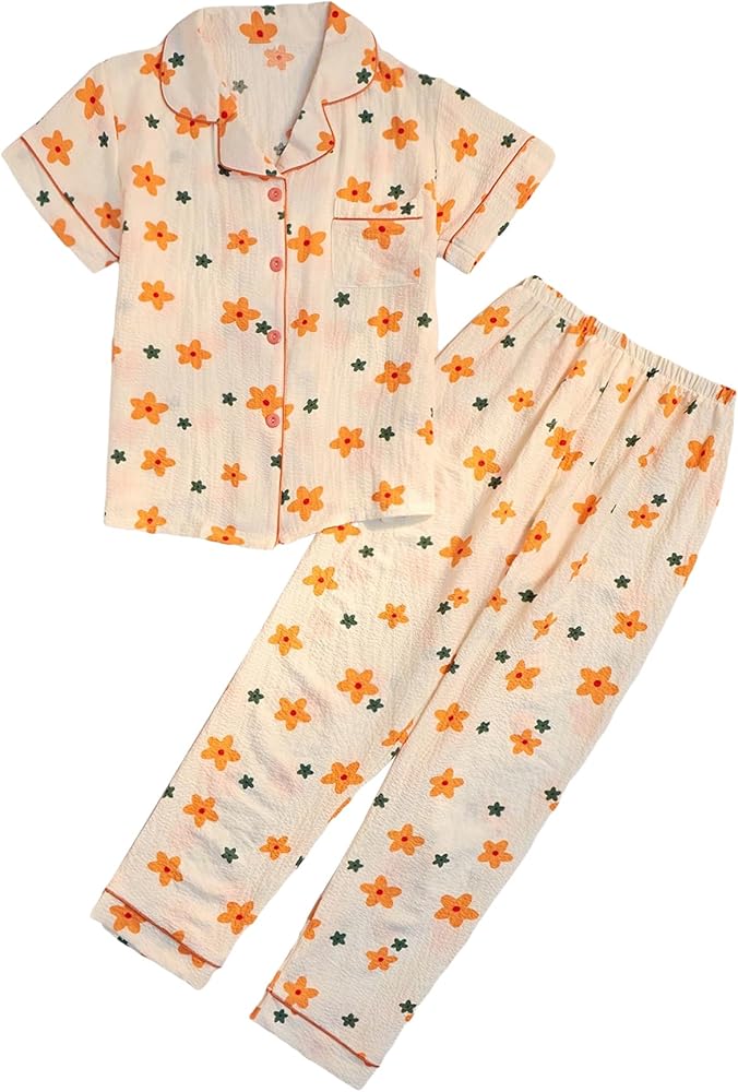 Verdusa Women's 2 Piece Printed Pajama Sets Sleepwear Button Up Shirt with Pants