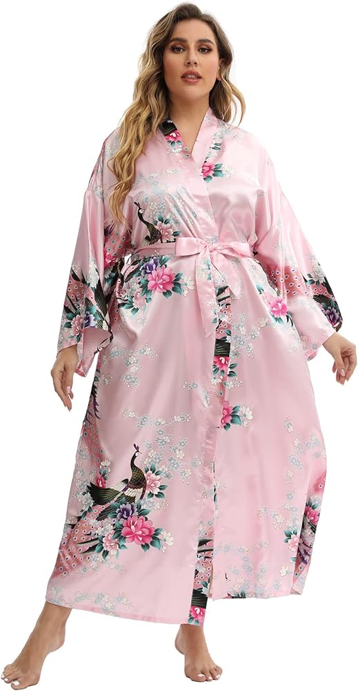 Women's Floral Long Satin Robes Plus Size Long Silk Robes Peacock Floral Kimonos Sleepwear Dressing Gown