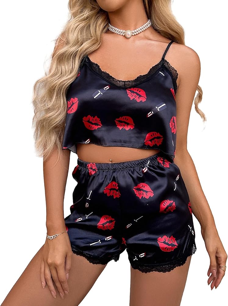 SOLY HUX Women's 2 Piece Satin Pajama Set Lip Print Cami Top and Shorts PJ Comfy Sleepwear