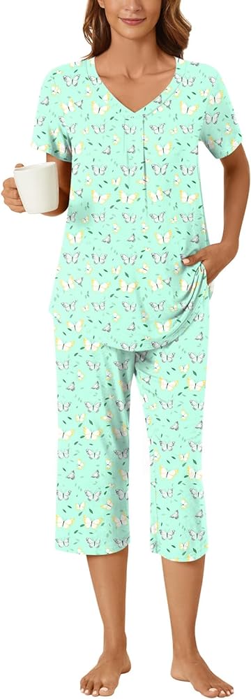 Bestbee Womens Pajama Set, 2 Piece Lounge Outfits Summer Sleep Set V Neck Short Sleeve Pant With Pockets Ladies Pjs Set