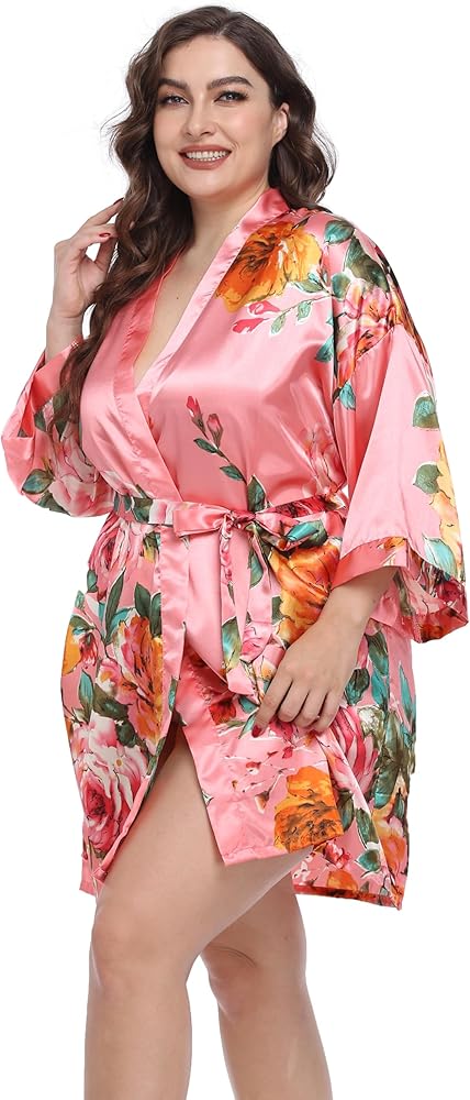 Women's Plus Size Floral Kimono Robe Cover up Short Satin Bathrobe Bridesmaid Party Dressing Gown