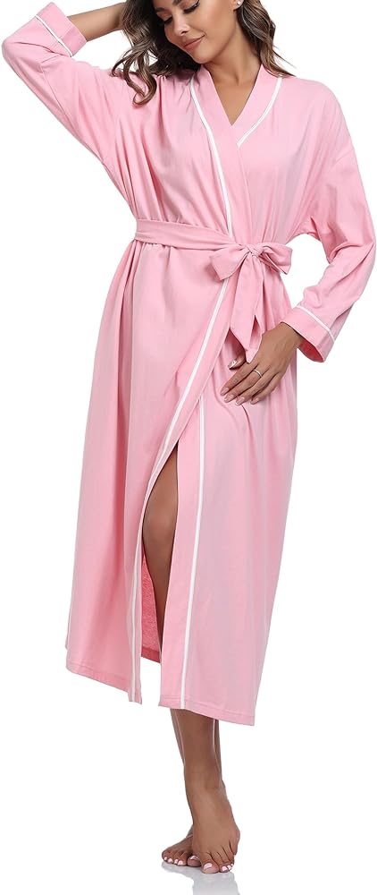 COLORFULLEAF Women's 100% Cotton Robes Lightweight Long Bathrobe Kimono Robe for Women Soft Loungewear with Pockets