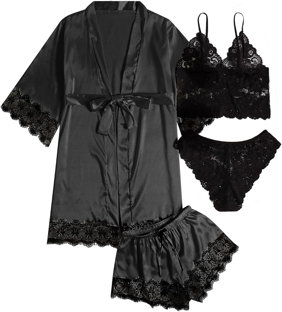 Women's 4 Pieces Silk Satin Pajamas Set Lingerie Floral Lace Cami Sleepwear with Robe