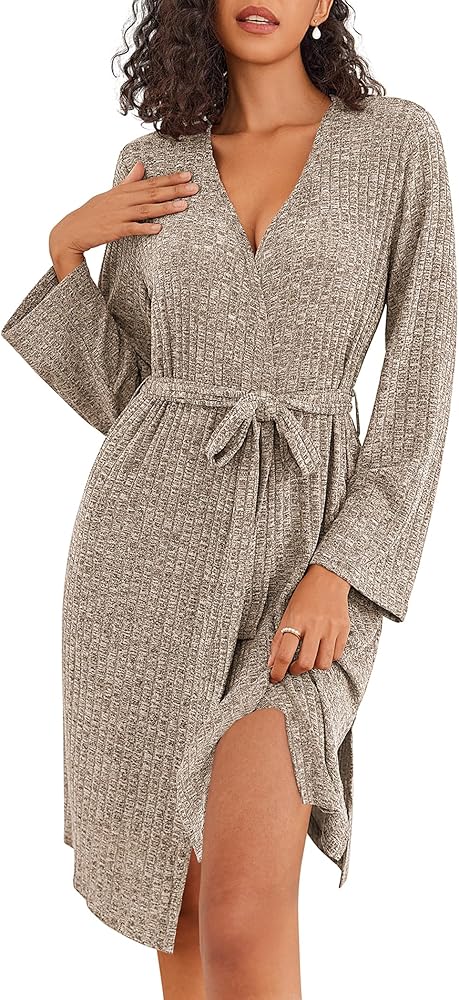 Ekouaer Robe for Women Ribbed Knit Bathrobe Soft Knee Length Kimono Robes Ladies Sleepwear with Pockets S-XXL