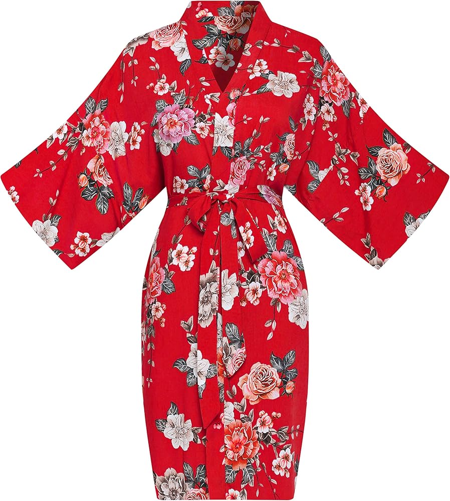 Womens Solid Robes Mid-length Floral Kimono Robe for Bride Bridesmaid Wedding Bridal Party Lounge Sleepwear