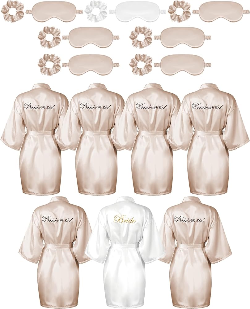 7 Pcs Bridesmaid Robe Sets Bride Silk Satin Robes Bridal Party Robes with Sleeping Eye Mask and Elastic Headband Sets