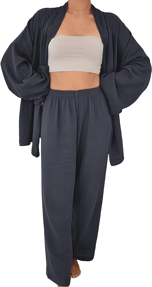 OBLAKO Double Gauze Cotton Lounge Wear Set Outfits For Women – Two Piece Pajama – Kimono Robe Wide Leg Pants - Loungewear