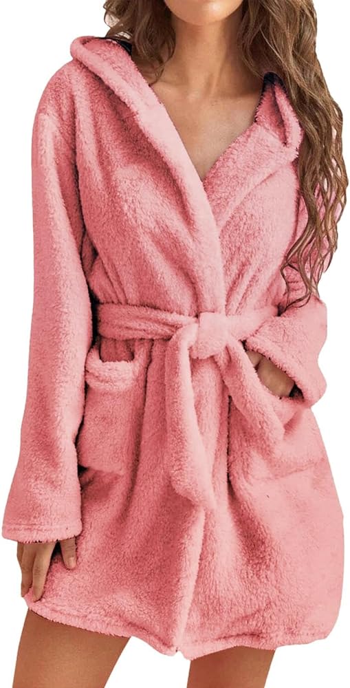 Robes for Women, Bath Robe Women's Hooded Fleece Bathrobes Soft Plush Sleepwear Fluffy Warm Sherpa Shaggy Bathrobe