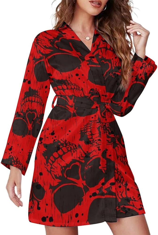 Bloody Skull Fashion Mini Womens Robe With Belt Soft Nightgown Long Sleeve Bathrobe Loungewear