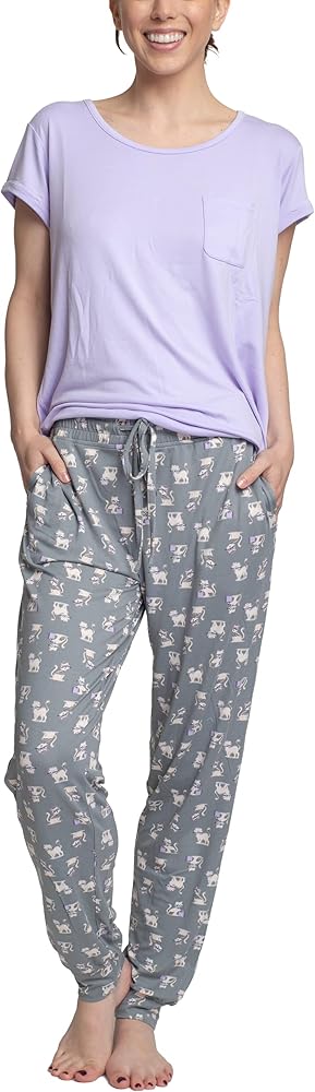 Hanes Women's Short Sleeve Top and Jogger Pajama Pants Set with Pockets