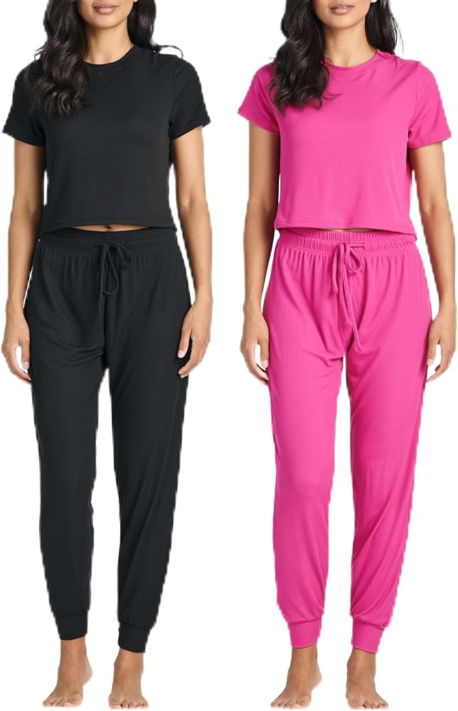 Real Essentials 2 Pack: Women's Ribbed Knit Cropped Short Sleeve Top with Jogger Sweatpants Lounge Set Sleep