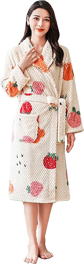 Women's Plush Flange Robes Fruit Print Soft Warm Bathrobe for Women Comfy Long Spa Robe with Belted