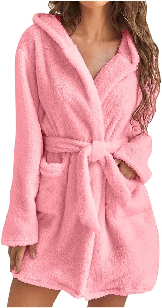 Basic Fuzzy Hooded Robes for Women Warm Plush Spa Robes Terry Cloth Robe Comfy Nightgown Bathrobe Cozy Pjs Robes