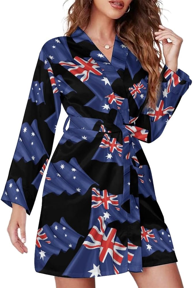 Flag of Australia Short Robes For Women With Belt Long Sleeve Womens Nightgown Soft Bathrobe Loungewear