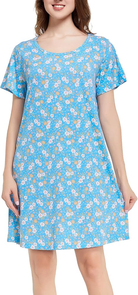 Tugege Women's Nightgowns Short Sleeve Sleepshirts Sleepwear Casual Print Pajama Dress