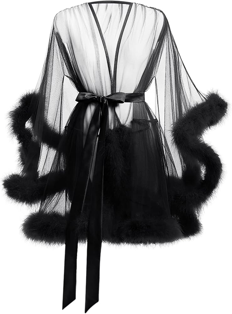 MioCloth Sexy Tulle Feather Robe Sheer Mesh Fur Illusion Robe Nightgown Bridal Lingeries Gift Women Feather Trim Dress