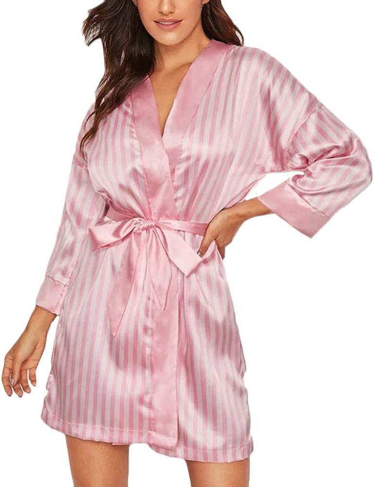 Womens Dressing Gown Satin Kimono Robe Ladies Silk Stripe for Bride Bridesmaids