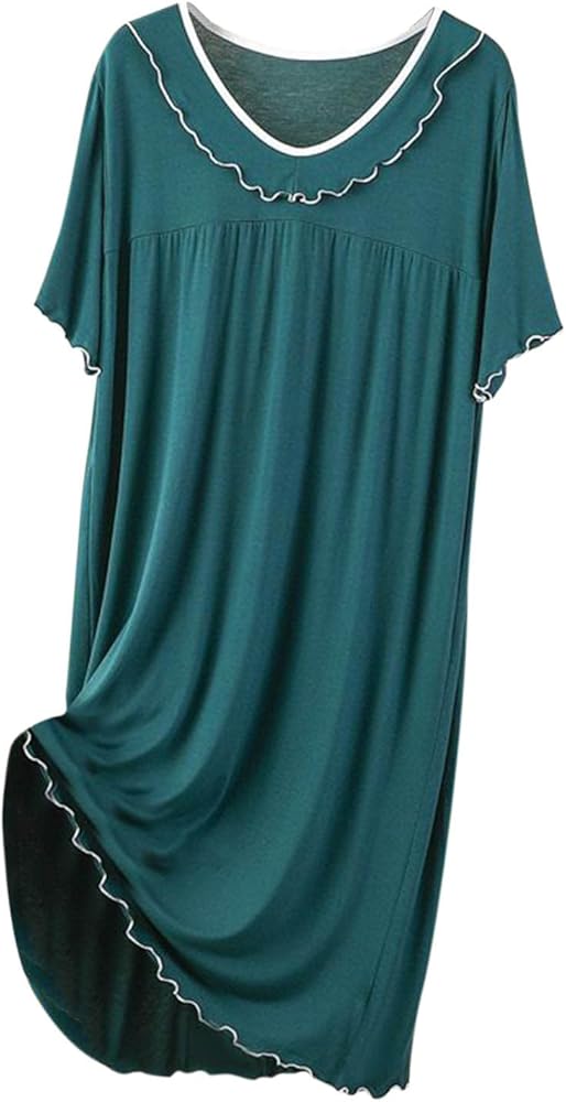 V Neck Nightgown for Womens Short Sleeve Sleepwear Solid Soft Nightdress Housedress Nightshirts Comfy Loungwear